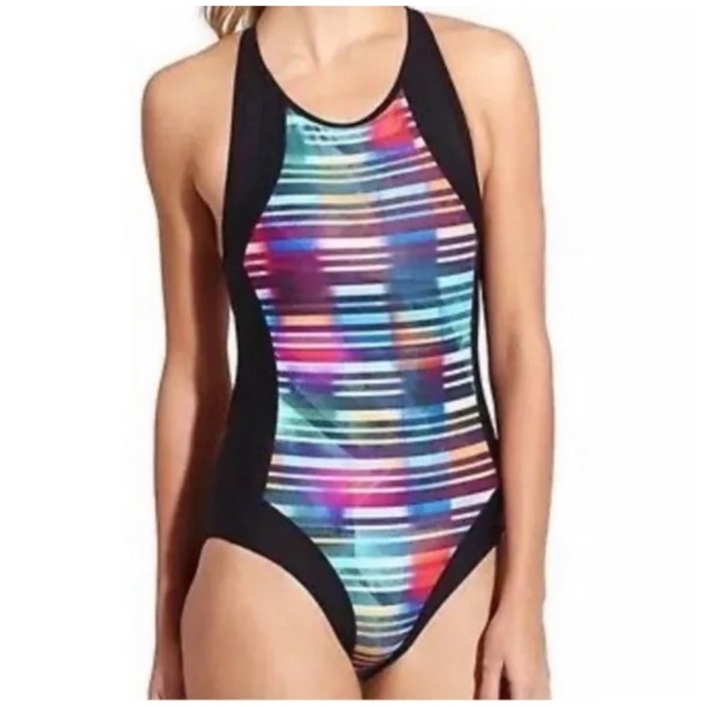 Athleta Streamline One Piece Athletic Style Swimsuit Striped Multicolored Sz M